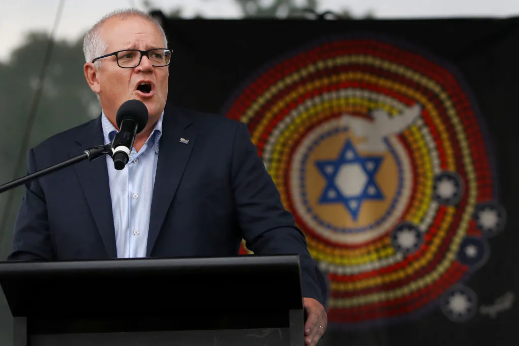 Former Australian Prime Minister Scott Morrison speaks to a large crowd during a rally against anti-semitism at The Domain in Sydney, Australia on Feb. 18, 2024. (Lisa Maree Williams/Getty Images)