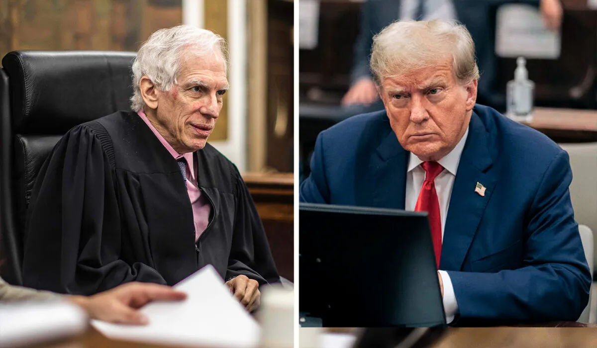 (Left) New York Supreme Court Judge Arthur Engoron. (Dave Sanders/Pool Photo via AP) (Right) Former President Donald Trump in the courtroom in New York on Oct. 17, 2023. (Seth Wenig/Pool/Getty Images)