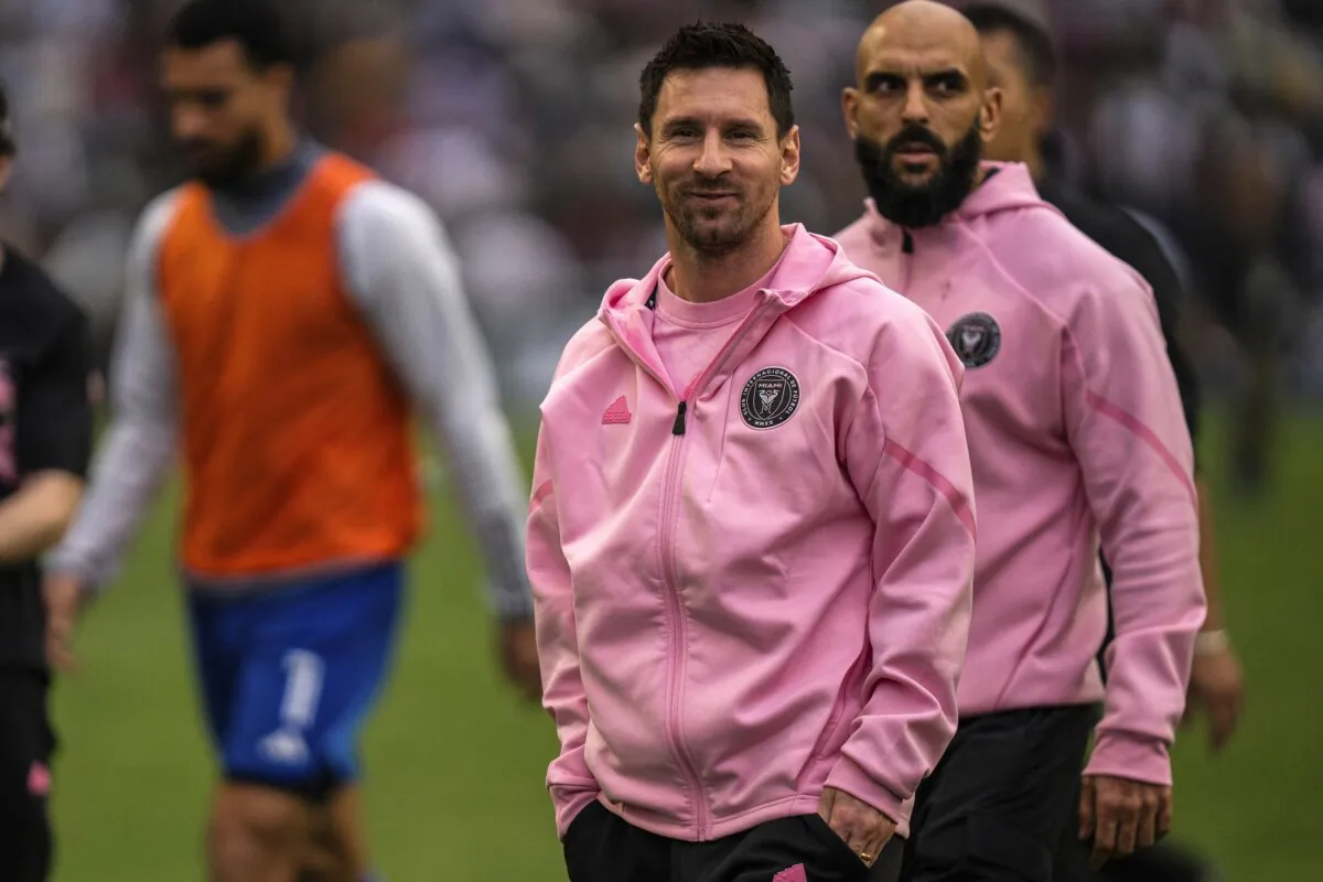 Inter Miami's Lionel Messi (C) looks on after the first half of the friendly football match between Hong Kong Team and U.S. Inter Miami CF at the Hong Kong Stadium in Hong Kong on Feb. 4, 2024. (Louise Delmotte/AP Photo)