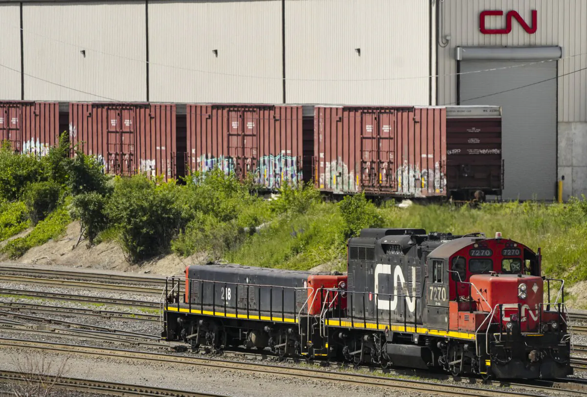 CN rail trains are shown at a train yard in Vaughan, Ont., on June 20, 2022. (The Canadian Press/Nathan Denette)