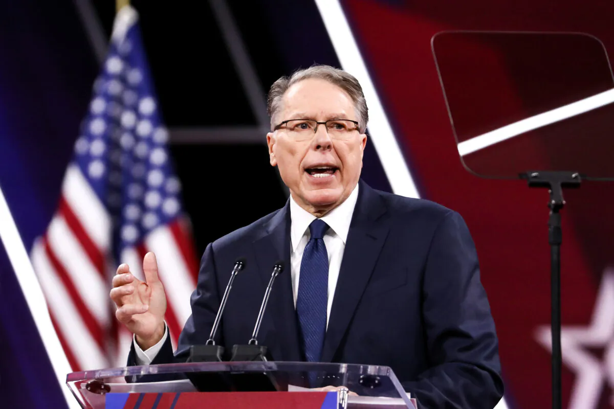 Wayne LaPierre, CEO and executive vice president of the National Rifle Association, speaks at the CPAC convention in National Harbor, Md., on Feb. 29, 2020. (Samira Bouaou/The Epoch Times)