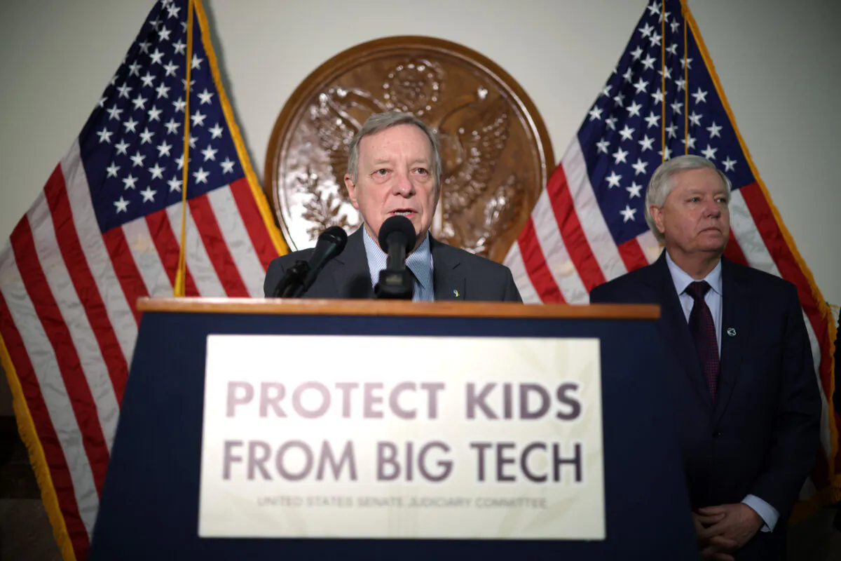 Sens. Dick Durbin (D-Ill.) and Lindsey Graham (R-S.C.) speak at a news briefing after a hearing of the Senate Judiciary Committee on Jan. 31, 2024. The committee heard testimony from the heads of the largest tech firms on the dangers of child sexual exploitation on social media. (Alex Wong/Getty Images)