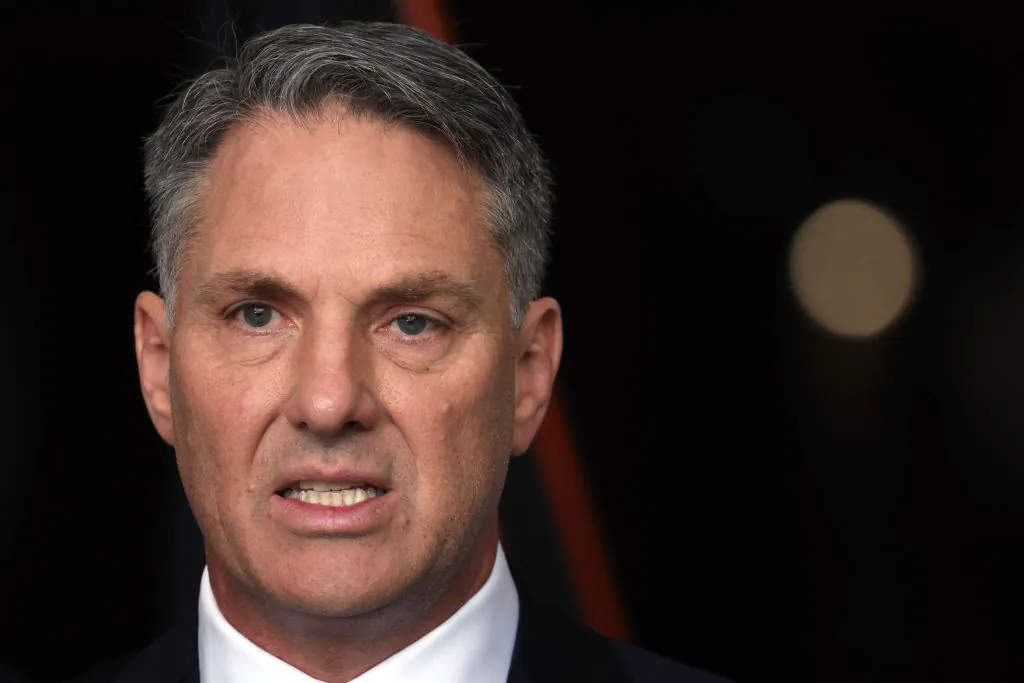 Australia's Defence Minister Richard Marles speaks as he stands aboard the Australian Navy ship HMAS Canberra in Sydney, Australia, on Feb. 20, 2024. (David Gray/AFP via Getty Images)