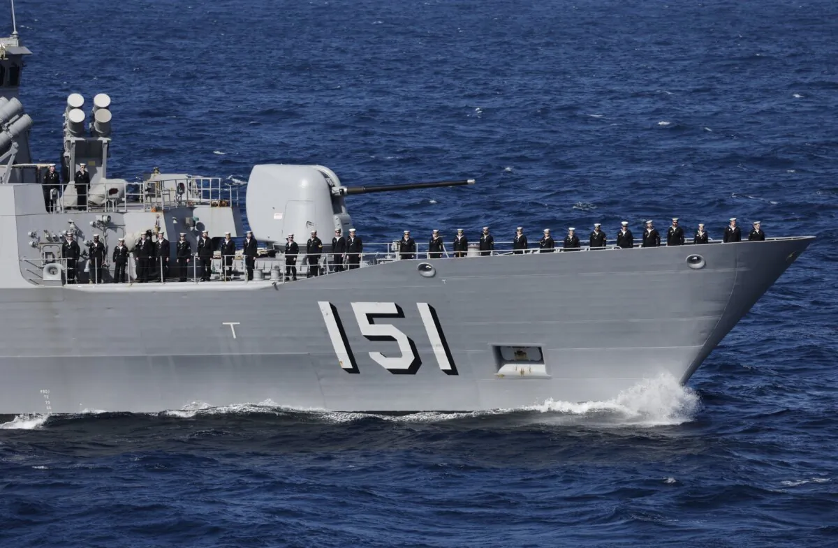 The Royal Australian Navy's Anzac-class frigate HMAS Arunta (FFH 151) participates in an International Fleet Review commemorating the 70th anniversary of the founding of the Japan Maritime Self-Defence Force at Sagami Bay in Yokosuka, Japan on Nov. 6, 2022. (Issei Kato - Pool/Getty Images)