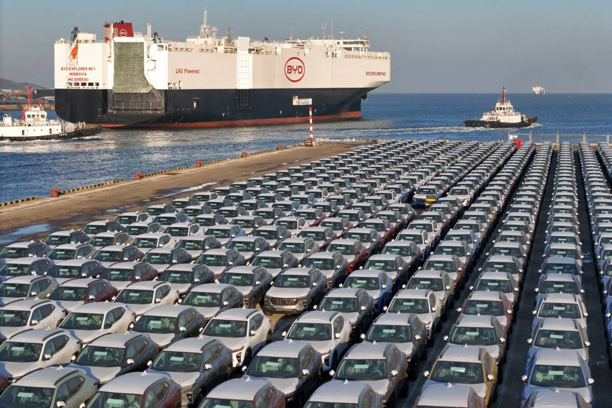 Electric cars for export waiting to be loaded on the "BYD Explorer NO.1," a domestically manufactured vessel intended to export Chinese automobiles, at Yantai port, in eastern China's Shandong Province, on Jan. 10, 2024. (STR/AFP via Getty Images)