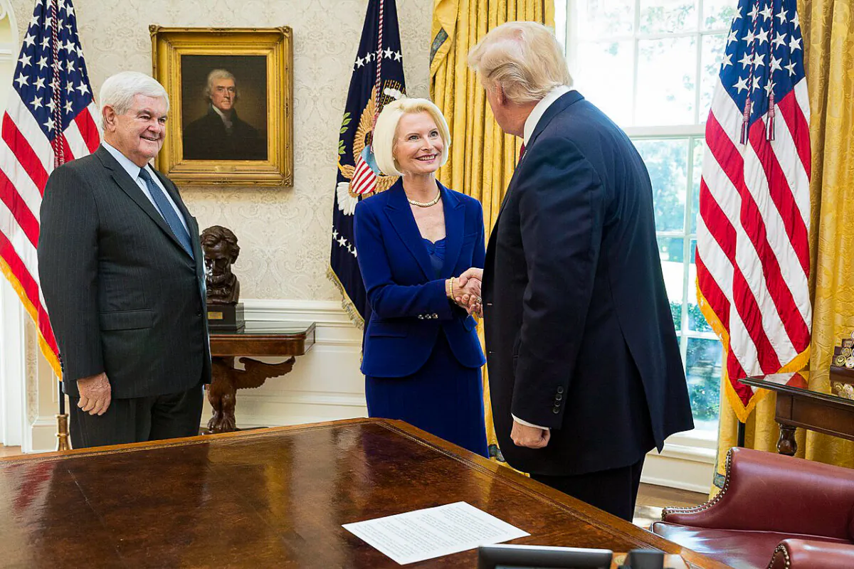 Newt Gingrich and his wife with President Donald Trump in the Oval Office at the White House, on October 24, 2017. (Shealah Craighead/White House)