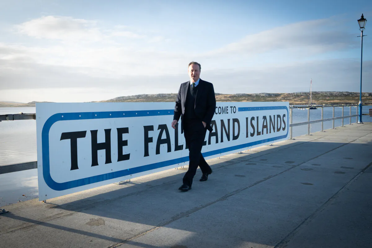 Foreign Secretary Lord David Cameron walks around Port Stanley on the Falkland Islands, during his high-profile visit on Feb. 19, 2024. (Stefan Rousseau/PA Wire)