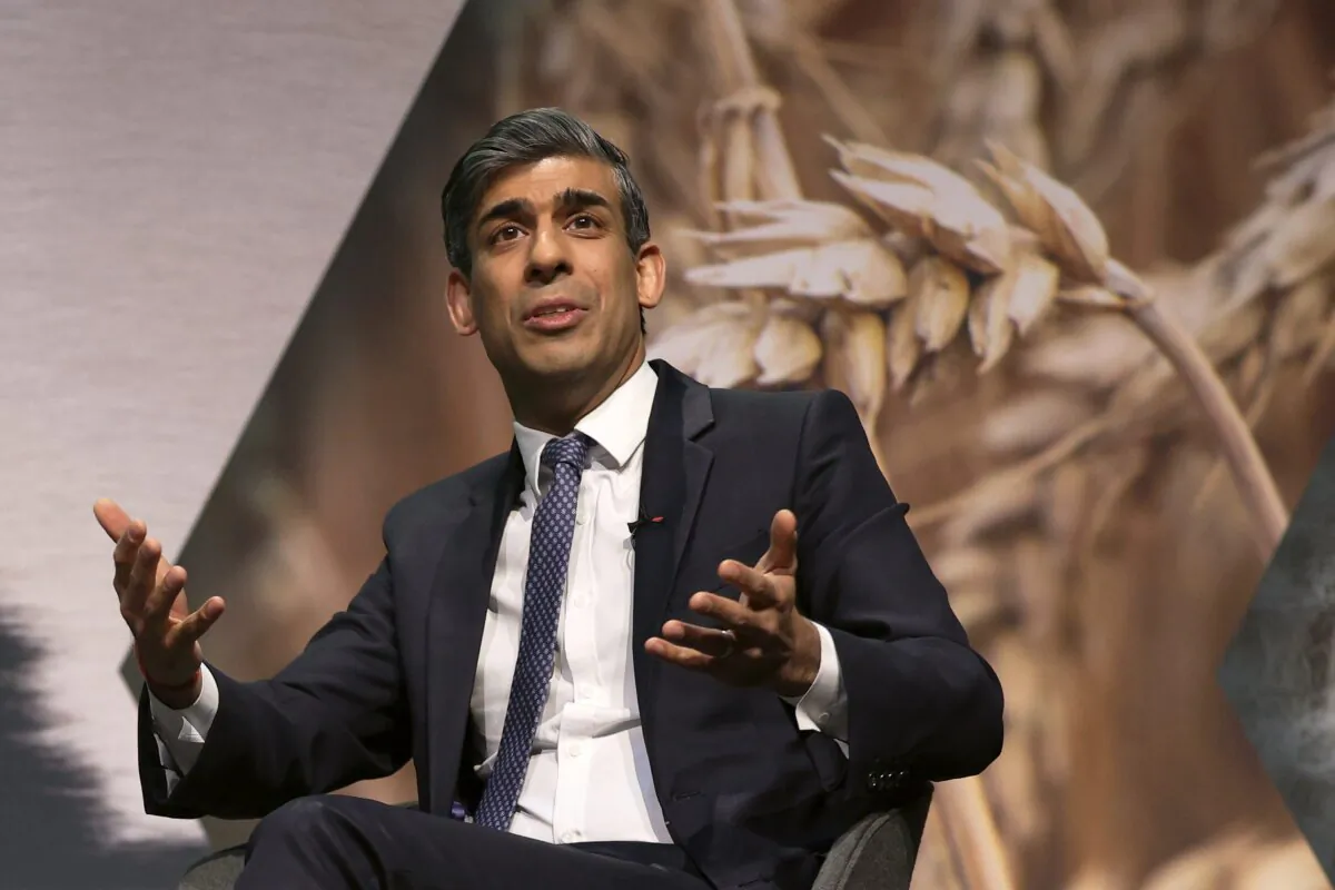 Britain's Prime Minister Rishi Sunak speaks during the National Farmers' Union's annual conference at the ICC in Birmingham, England, on Feb. 20, 2024. (Adrian Dennis - WPA Pool/Getty Images)