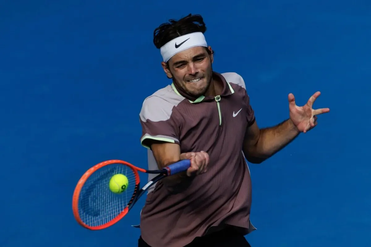 Taylor Fritz of the United States in action against Novak Djokovic of Serbia in the quarter final of the mens singles in Melbourne, Victoria, Australia, on Jan. 23, 2024. (Mike Frey/USA TODAY Sports via Field Level Media)
