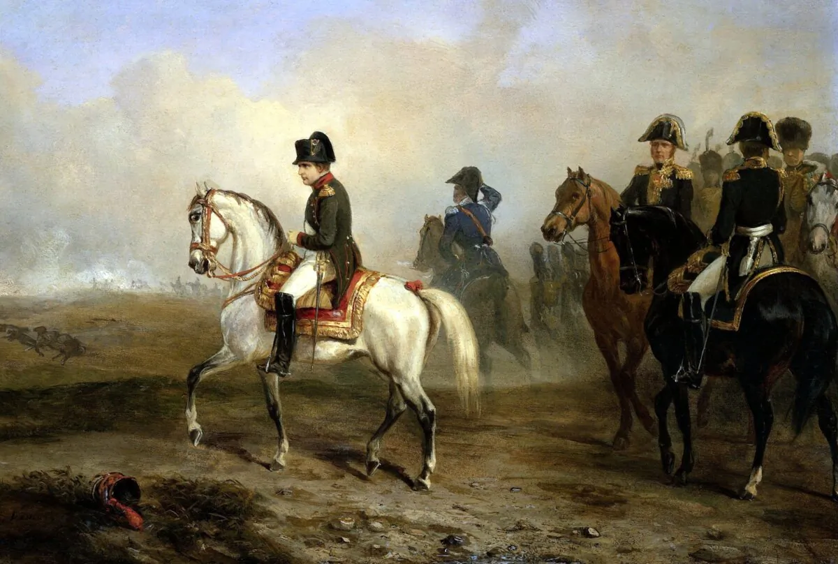 “Emperor Napoleon I and his Staff on Horseback” by Horace Vernet. In the distance is the smoke from a battle during the Napoleonic Wars. (Everett Collection/Shutterstock)