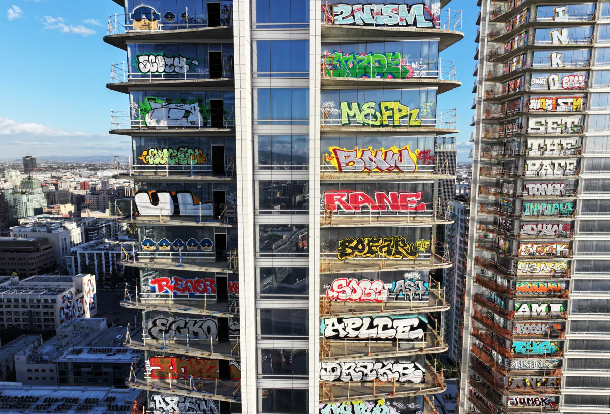 An aerial view of graffiti on at least 27 stories of the unfinished Oceanwide Plaza development in downtown Los Angeles on Feb. 2, 2024. (Mario Tama/Getty Images)