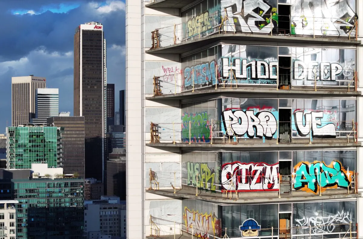 An aerial view of graffiti spray painted by taggers on at least 27 stories of an unfinished skyscraper development located downtown in Los Angeles on Feb. 2, 2024. (Mario Tama/Getty Images)