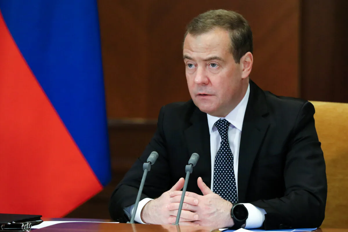 Former Russian President and current Security Council Deputy Chairman Dmitry Medvedev speaks at a meeting in Moscow, Russia, on Feb. 22, 2022. (Yekaterina Shtukina/Sputnik, Government Pool Photo via AP)