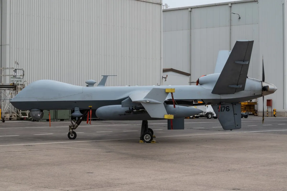 An Mq-9 Reaper type drone at the Naval Air Station (NAS) at Sigonella in Sicily, Italy, on April 29, 2022, the best equipped American intervention base in the Mediterranean in Catania, Italy. (Fabrizio Villa/Getty Images)