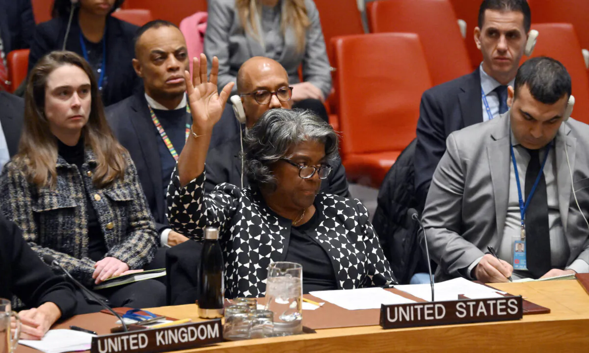 U.S. Ambassador to the U.N. Linda Thomas-Greenfield casts a veto vote during a UN Security Council meeting on the Israel–Hamas war, at U.N. Headquarters in New York City on Feb. 20, 2024. (Angela Weiss/AFP via Getty Images)