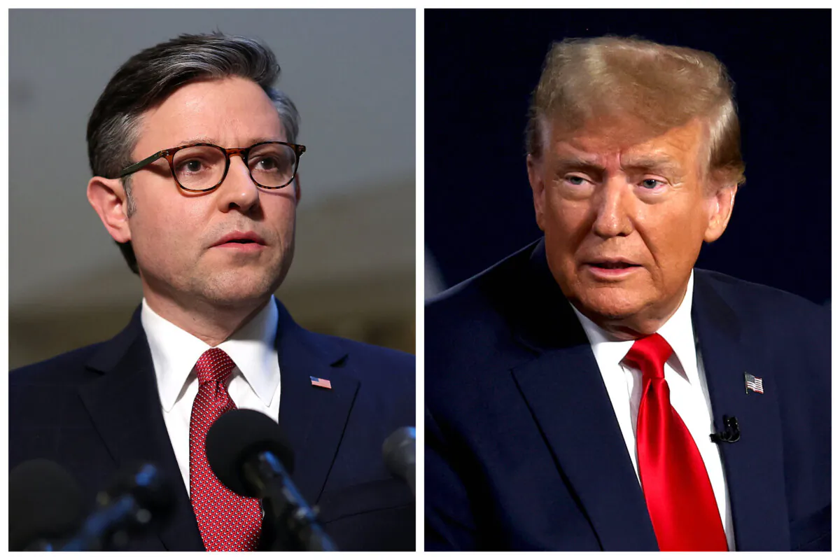 (Left) House Speaker Mike Johnson (R-La.) at the U.S. Capitol in Washington on Feb. 15, 2024. (Right) Former President Donald Trump speaks during a Fox News town hall in Greenville, S.C., on Feb. 20, 2024. (Kevin Dietsch, Justin Sullivan/Getty Images)