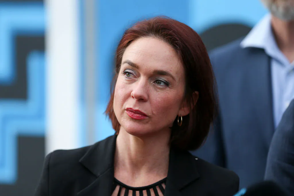 Labour MP Ginny Andersen looks on during a visit to Naenae Pool in Wellington, New Zealand, on July 30, 2020. (Hagen Hopkins/Getty Images)