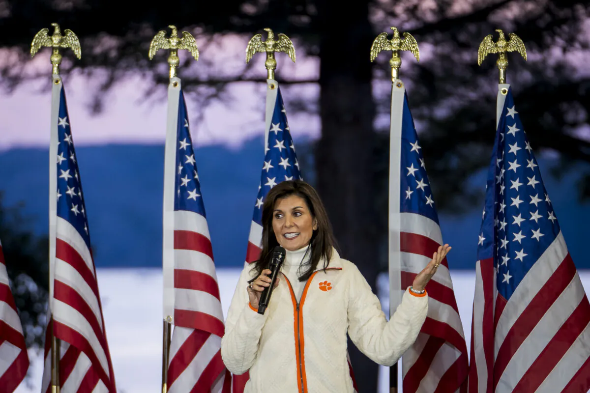 Republican presidential candidate and former U.N. Ambassador Nikki Haley speaks during a campaign event at Clemson University in Clemson, S.C., on Feb. 20, 2024. (Madalina Vasiliu/The Epoch Times)