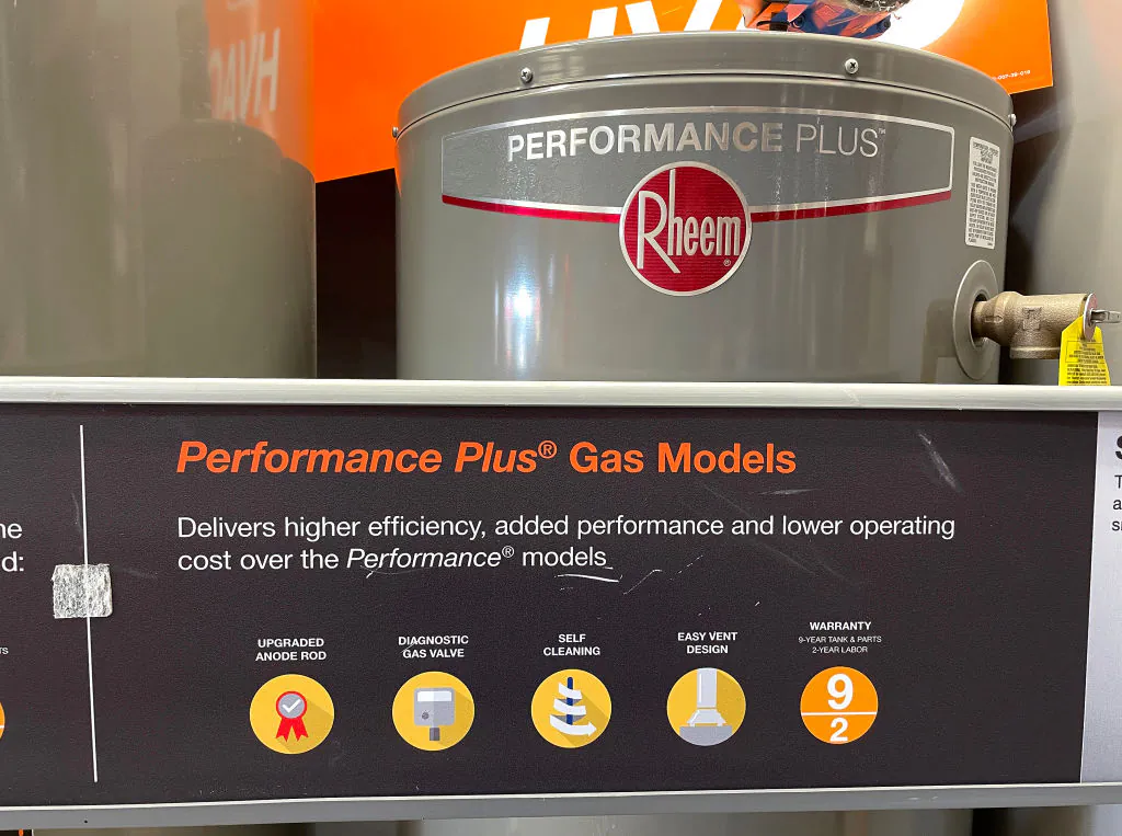 A gas powered water heater is displayed at a Home Depot store in San Rafael, California on March 15, 2023. (Justin Sullivan/Getty Images)