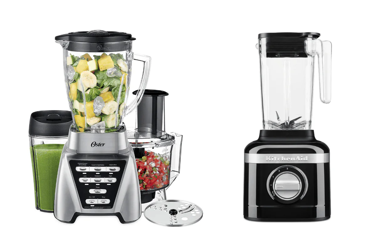(Left) Oster Blender Pro 1200 (Right) KitchenAid K150 (Illustration by The Epoch Times, Amazon)