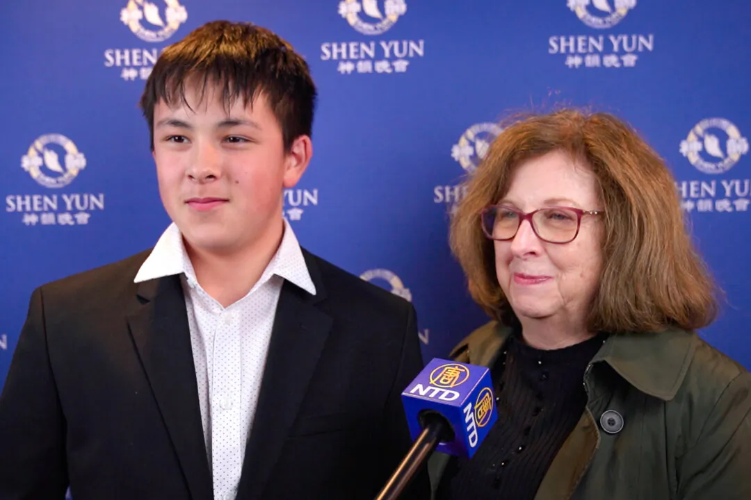 Constance Morgan and her grandson Nathan at Shen Yun Performing Arts at Proctors Theatre in Schenectady, New York, on Feb. 20, 2024. (NTD)
