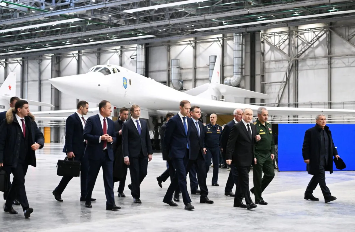 Russia's President Vladimir Putin visits the Gorbunov Kazan Aviation Plant in Kazan on Feb. 21, 2024. (Kristina Kormilitsyna/Pool/AFP via Getty Images)