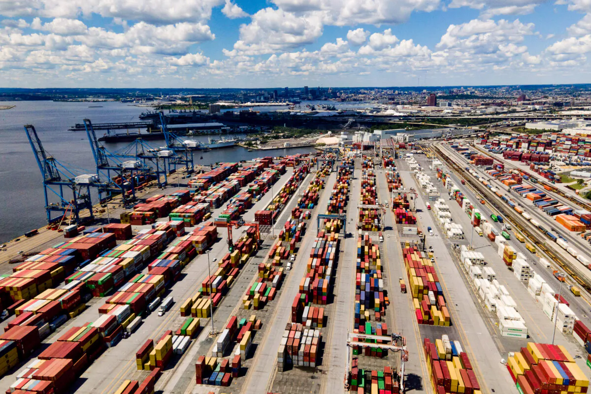 Shipping containers are stacked together at the Port of Baltimore, on Aug. 12, 2022. (Julio Cortez /AP Photo)