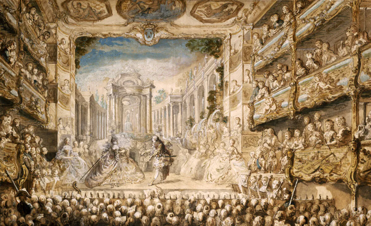 A performance of Lully's opera "Armide" in the Salle du Palais-Royal, 1761, Gabriel Saint-Aubin. Museum of Fine Arts, Boston. (Public Domain)
