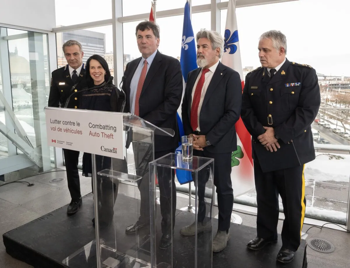 Federal Public Safety Minister Dominic LeBlanc (C) is flanked by Montreal Chief of Police Fady Dagher (L) Mayor Valerie Plante, federal Transport Minister Pablo Rodriguez and RCMP Commissioner Mike Duheme (R) as they announce their plans to combat auto theft in Montreal on Feb. 21, 2024. (The Canadian Press/Ryan Remiorz)