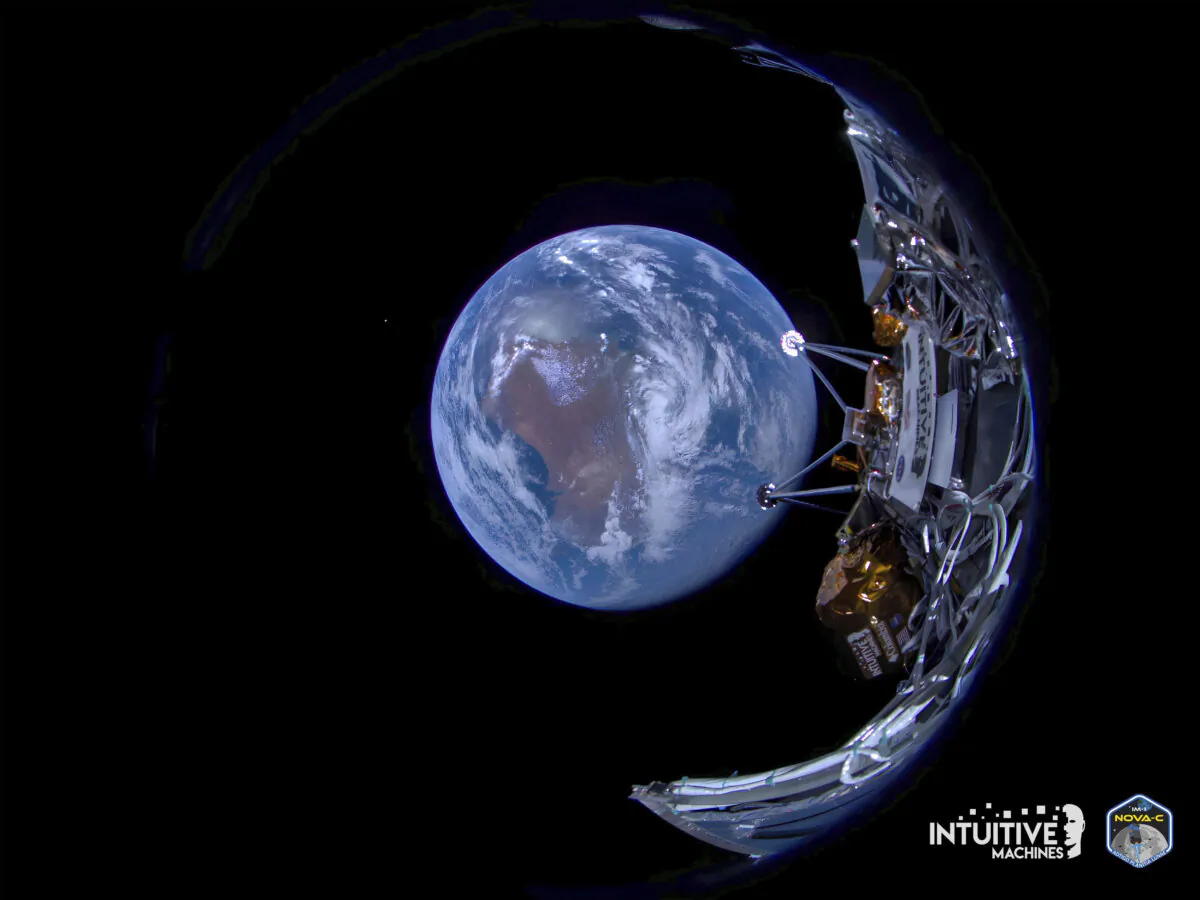 Intuitive Machines' Odysseus lunar lander with the Earth in the background on Feb. 16, 2024. (Intuitive Machines via AP)
