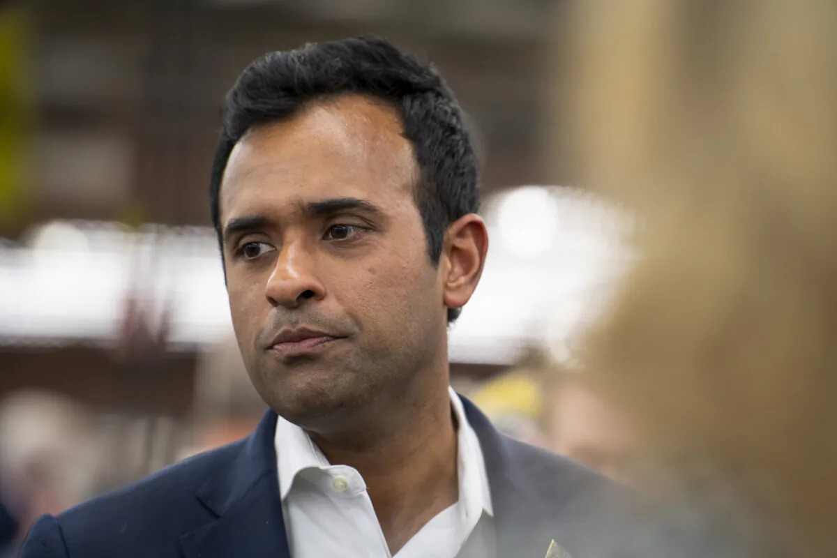Entrepreneur Vivek Ramaswamy speaks during a Team Trump South Carolina press conference at AGY Aiken LLC in Aiken, S.C., on Feb. 21, 2024. (Madalina Vasiliu/The Epoch Times)