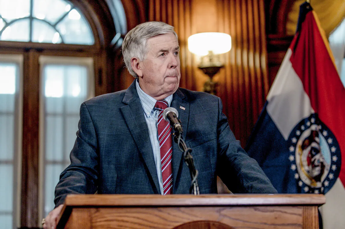 Missouri Gov. Mike Parson listens to a media question during a press conference in Jefferson City, Mo., on May 29, 2019. (Jacob Moscovitch/Getty Images)