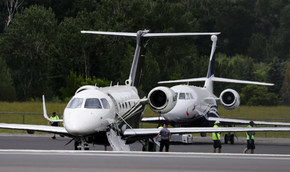 A private jet is seen on the tarmac at Friedman Memorial Airport ahead of the Allen & Company Sun Valley Conference in Sun Valley, Idaho on July 4, 2022. ( Kevin Dietsch/Getty Images)