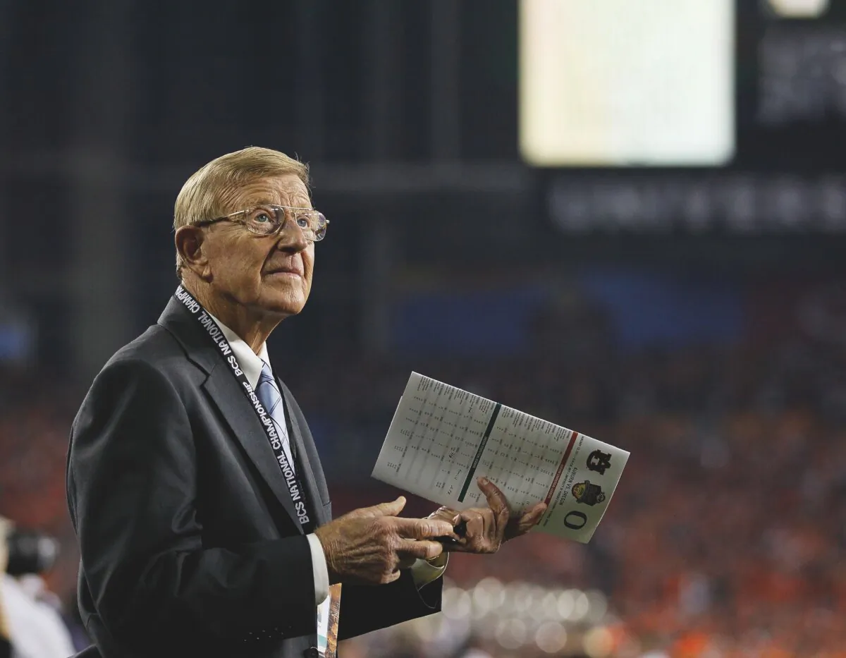 After retiring from coaching in 2004, Lou Holtz was a sports reporter for ESPN. Here, he attends a game between the Oregon Ducks and the Auburn
Tigers at University of Phoenix Stadium in Glendale, Ariz., in January 2011. (Kevin C. Cox/Getty Images)