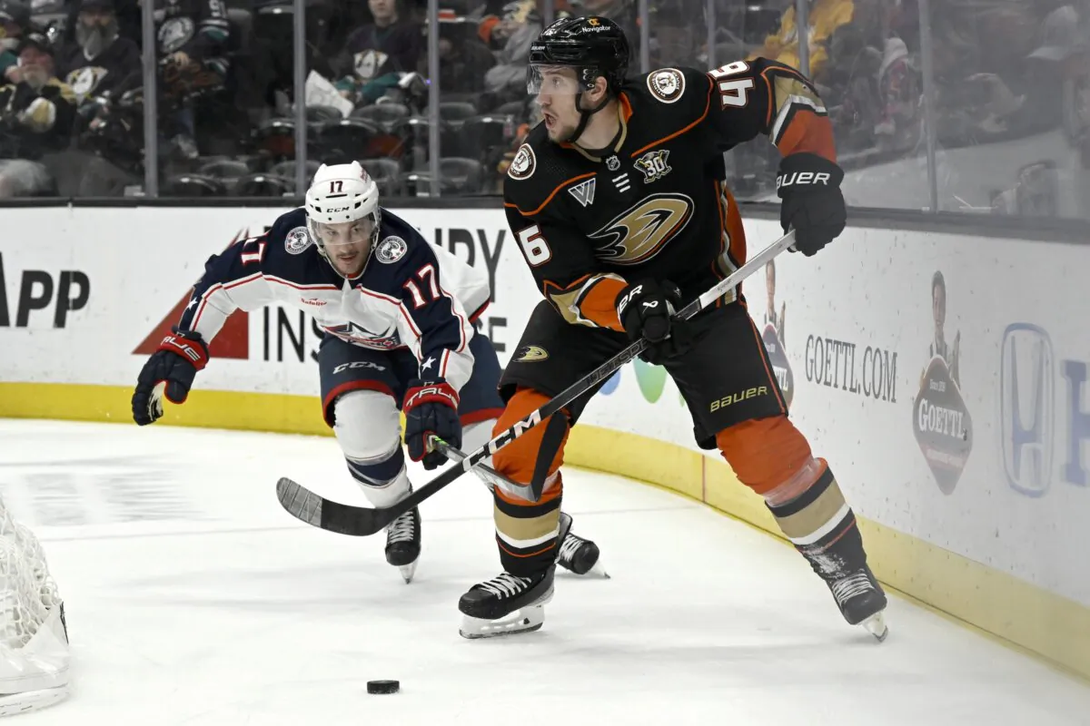 Anaheim Ducks defenseman Ilya Lyubushkin (46) controls the puck with Columbus Blue Jackets right wing Justin Danforth (17) defending during the first period of an NHL hockey game in Anaheim, Calif., on Feb. 21, 2024. (Alex Gallardo/AP Photo)