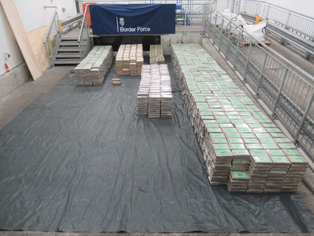 A record-breaking consigment of 5.7 tonnes of cocaine, which was found in a container at the port of Southampton, England on Feb. 8, 2024. (UK Border Force)