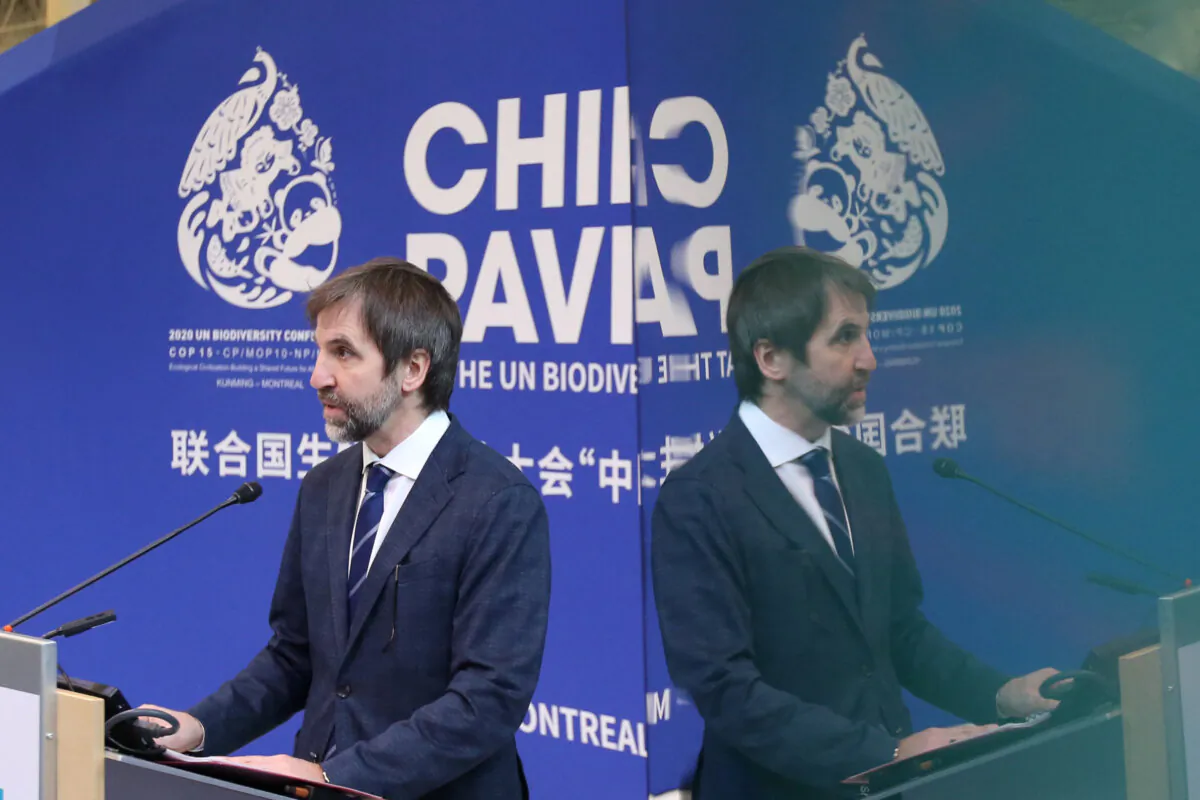 Environment and Climate Change Minister Steven Guilbeault speaks at the China pavilion during the United Nations Conference of the Parties (COP15) in Montreal on Dec. 14, 2022.  (Lars Hagberg/AFP via Getty Images)
