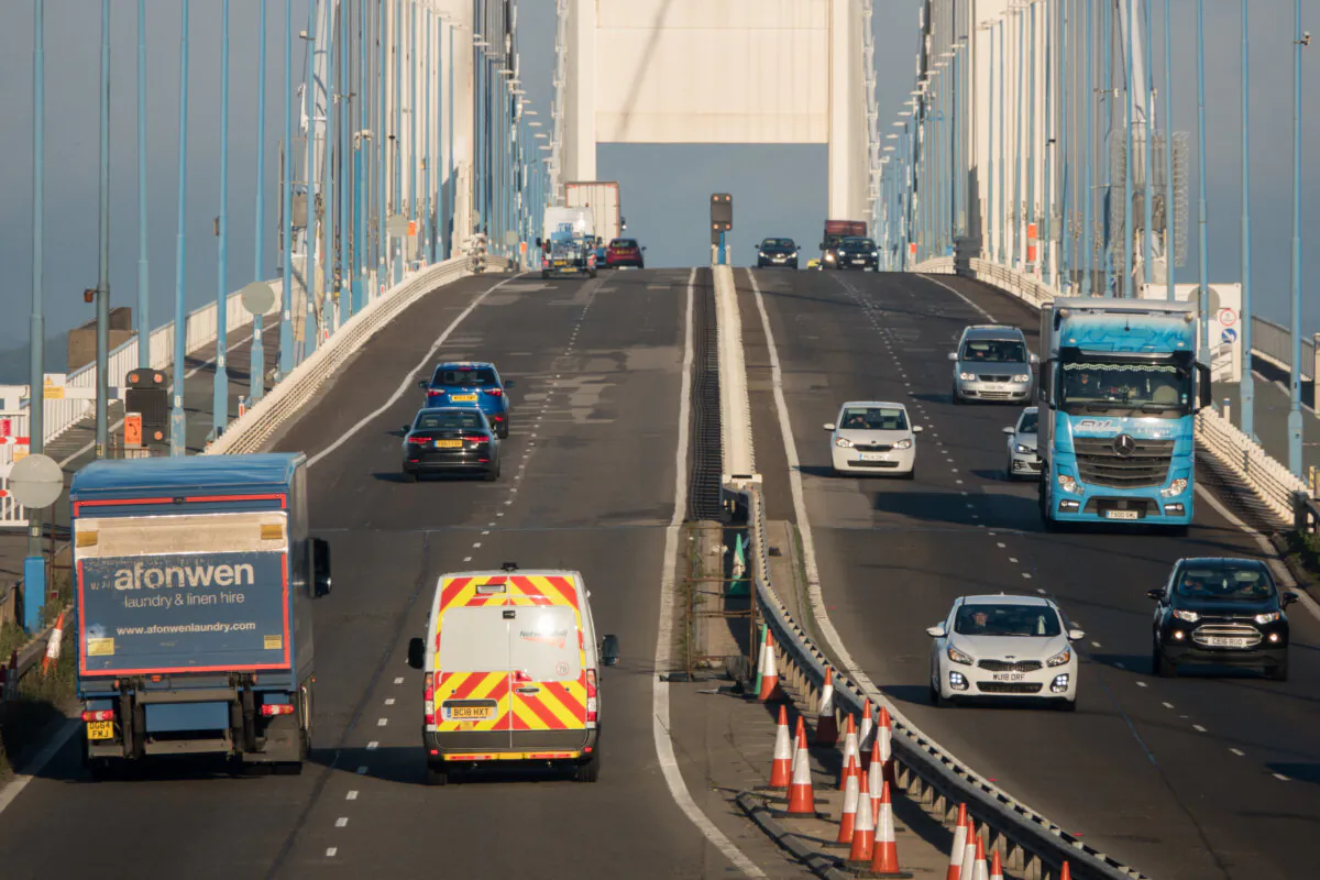 Vehicles pass across the M48 Severn Bridge, one of the two bridges that form the Severn Crossing, near Bristol, England, on Oct. 9, 2018. (Matt Cardy/Getty Images)