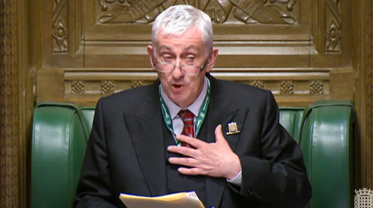 Speaker Sir Lindsay Hoyle making a statement after SNP and Conservative MPs walked out of the House of Commons in Westminster on Feb. 21, 2024. (UK Parliament/PA Wire)