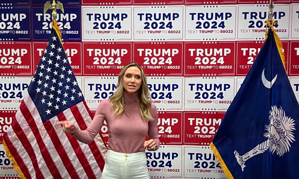 Lara Trump, daughter-in-law of former President Donald Trump, speaks during a stop at the Trump campaign's state headquarters in North Charleston, S.C., on Feb. 21, 2024. (Janice Hisle/The Epoch Times)