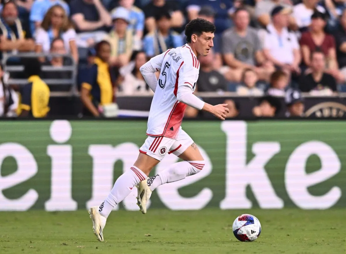 New England Revolution forward Tomas Chancalay (5) controls the ball against the Philadelphia Union during the first half in game one in a round one match of the 2023 MLS Cup Playoffs in Philadelphia on Oct. 28, 2023. (Kyle Ross/USA TODAY Sports via Field Level Media)