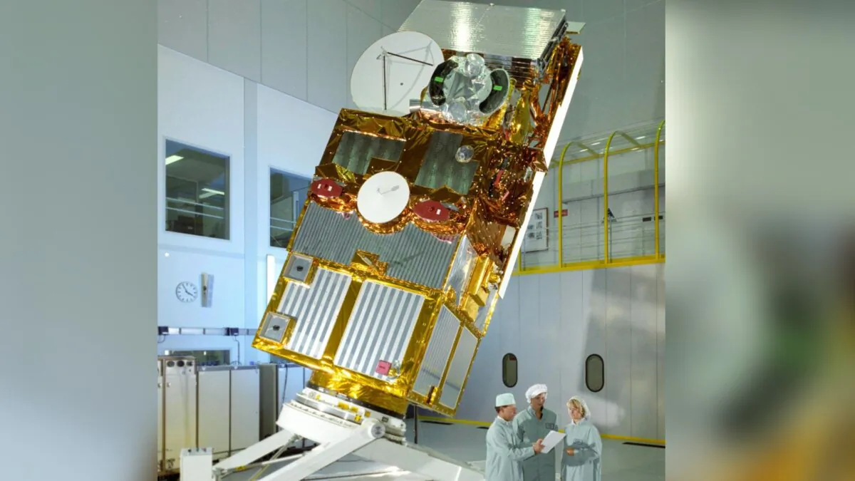 The European Remote Sensing 2 satellite (ERS-2) satellite in a clean room before its launch in 1995. (ESA via AP)