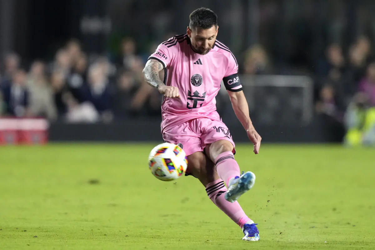 Inter Miami forward Lionel Messi takes a free kick during the first half of the team's MLS soccer match against Real Salt Lake in Fort Lauderdale, Fla., on Feb. 21, 2024. (Lynne Sladky/AP Photo)