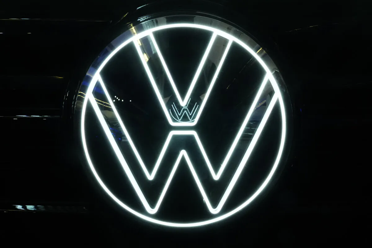 The Volkswagen logo on a Volkswagen automobile on display at the Pittsburgh International Auto Show in Pittsburgh on Feb. 15, 2024. (Gene J. Puskar/AP Photo)