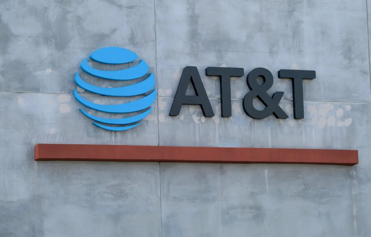 The AT&T logo sign above the store in Culver City, Calif., on Jan. 28, 2021. (Chris Delmas/AFP via Getty Images)