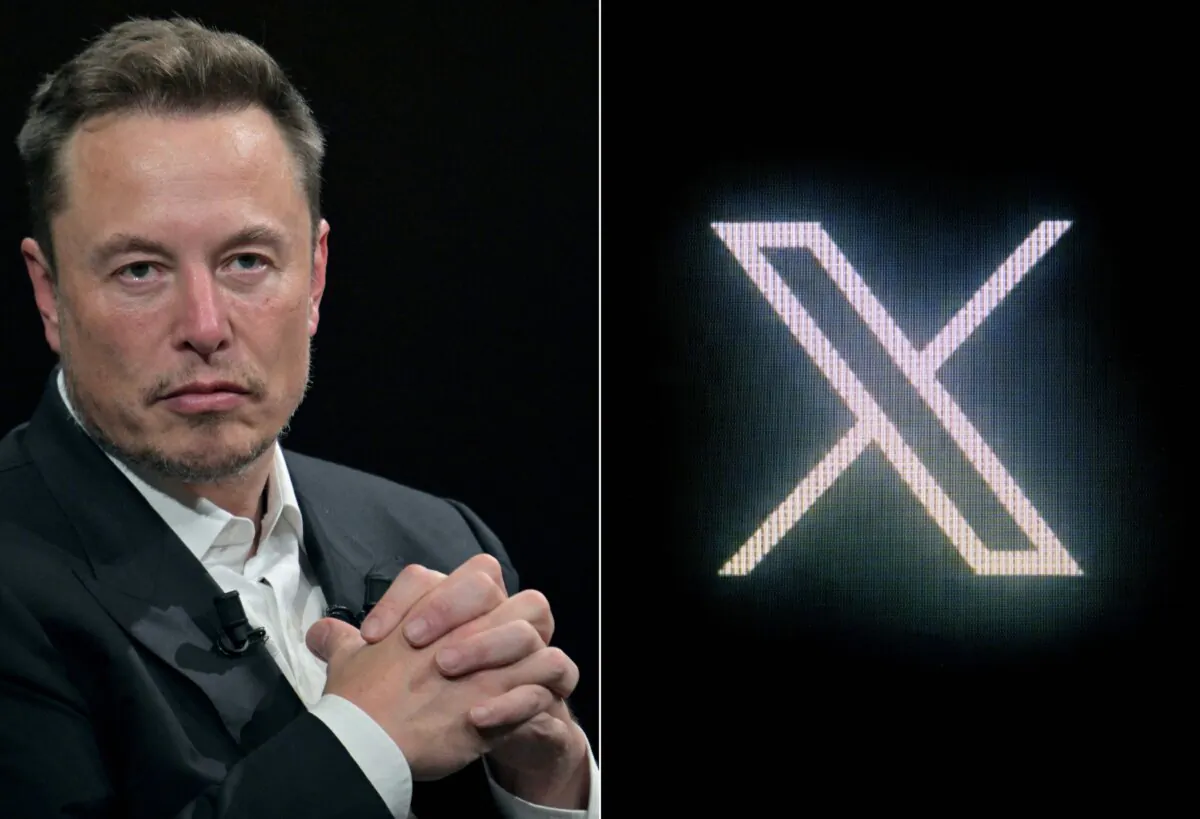 (Left) X owner Elon Musk at the Porte de Versailles exhibition center in Paris on June 16, 2023. (Right) The X logo pictured on a screen in Paris on July 24, 2023. (Alain Jocard/AFP via Getty Images)