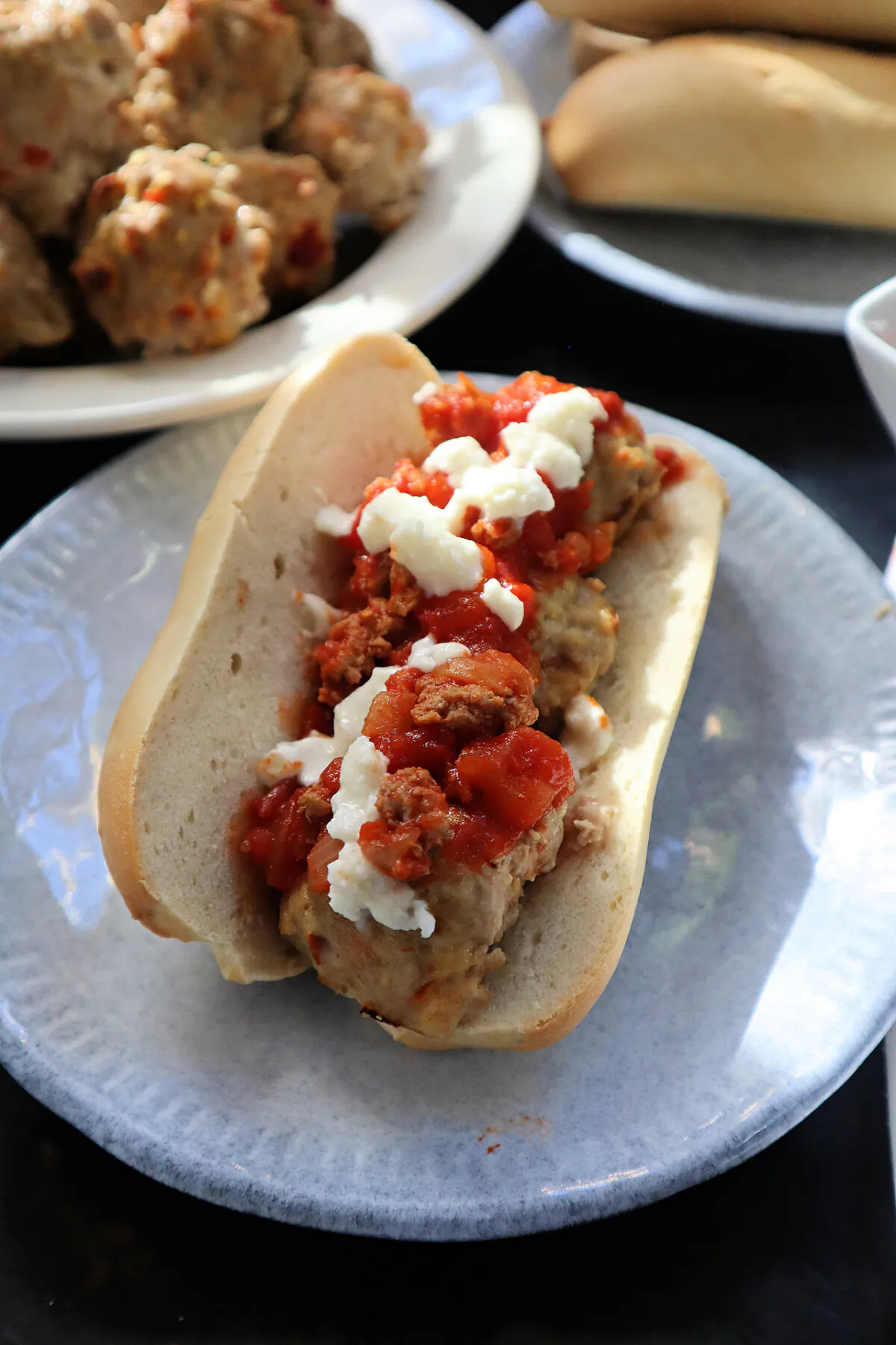 These pork meatballs get their spice from pickled cherry hot peppers.  (Gretchen McKay/Post-Gazette)