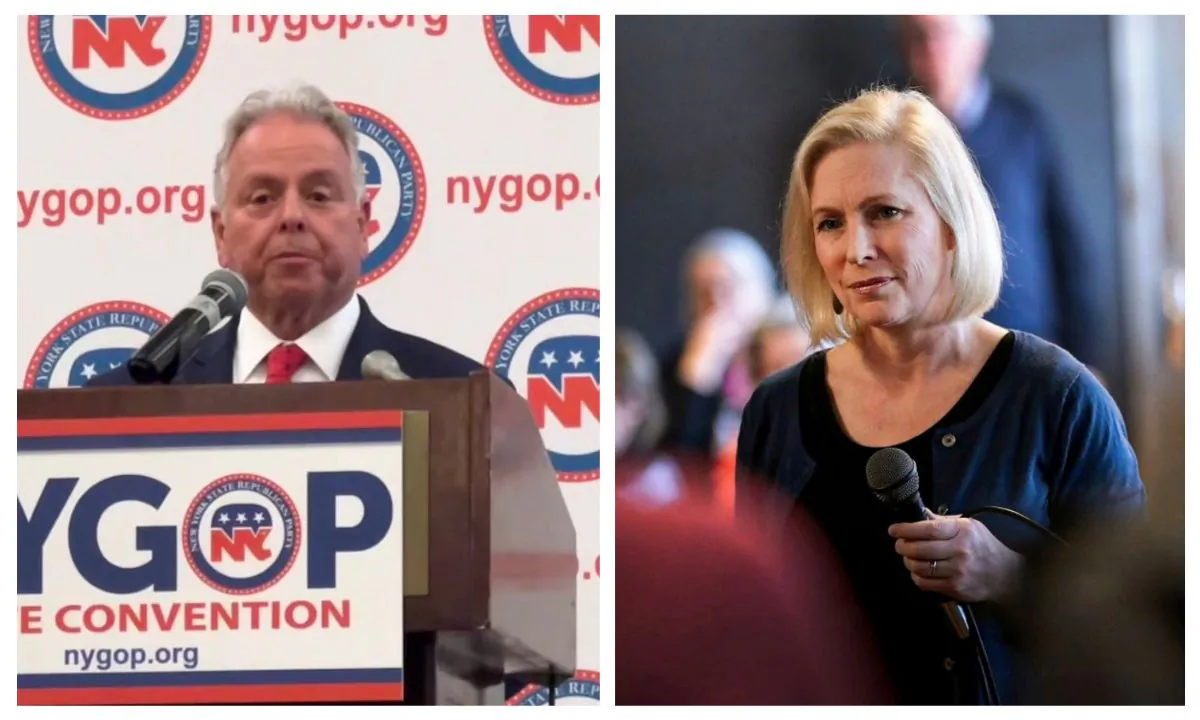 (L) Mike Sapraicone in Binghamton, N.Y., on Feb. 22, 2024. (Courtesy of the Broome County Republican Committee). (R) Sen. Kirsten Gillibrand (D-NY) speaks in Dubuque, Iowa, on March 19, 2019. (Scott Olson/Getty Images)