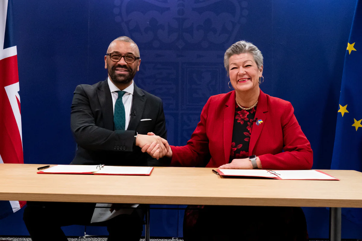 Home Secretary James Cleverly and European Commissioner for Home Affairs Ylva Johansson at the Home Office for the document signing of an announcement of a new working arrangement between UK border agencies and the EU's border agency Frontex in central London on Friday Feb. 23, 2024. (Aaron Chown/PA Media)