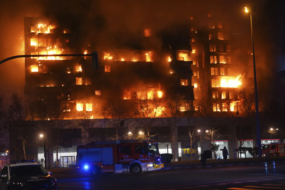 A housing block burns in Valencia, Spain, on Feb. 22, 2024. (Alberto Saiz/AP Photo)